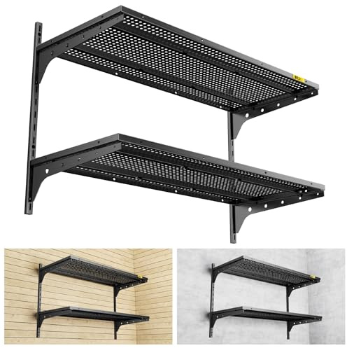 Brukid Garagenregal mit 2 Etagen, 0,4 x 0,9 m, Wandmontage, 180 kg Tragkraft, 39,6 x 91,4 cm pro Regal, höhenverstellbar, schwebende Regale (schwarz)