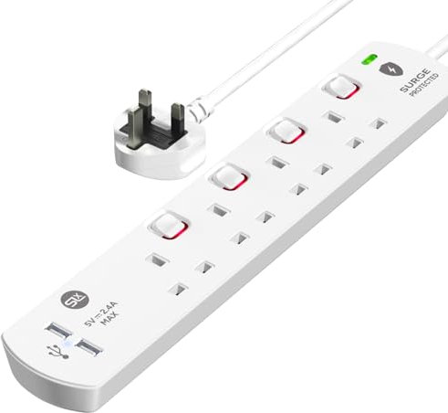 SLx Extension Lead 2m 4 Way Gang Switched Surge Protected Power Strip with 2 USB A Ports & LED Indicator 13A UK Plug & 3 Pin Sockets Wall Mountable Extension Cord for Home, Office or Garage White