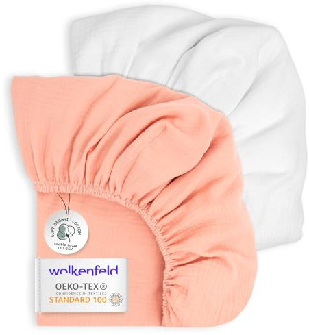 Wolkenfeld Spannbettlaken 60x120 Baby – 2er Set aus atmungsaktiver Musselin-Baumwolle – Weich & Sanft zur Haut – Passend für Matratzen bis 10 cm (Rosa-Weiß)