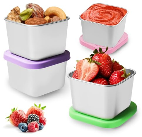 COONE 4-teiliges Edelstahl Snackboxen Set (3 Groß + 1 Klein) mit Silikon-Deckel, Spülmaschinenfeste Lunchbox für Kinder/Erwachsene, Rostfreie Lebensmittelbehälter für Schule/Reise/Büro