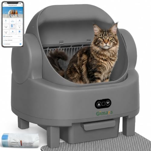 Gimars Open Top Design Self Cleaning Litter Box, Automatic Cat Litter Box for Multiple Cats & Senior Cats, App Control with Safety Sensors, Low Odor, Includes Trash Bags & Litter Mat, Gray