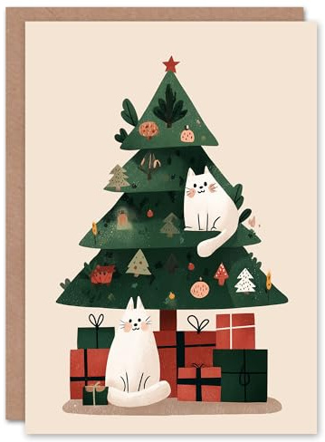 Artery8 Christmas Card Decorated Tree With Two Pet Cats and Presents