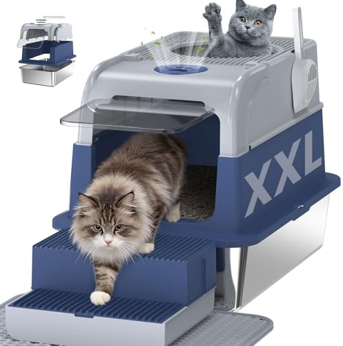 XXL Katzenklo Edelstahl mit Deckel, Cityflee Geschlossenes Katzenklo, Katzentoilette mit Deckel & Front-Eingang, Inklusive Katzenstreu-Matte & KOT-Schaufel, Geruchskontrolle, Auslaufsicher
