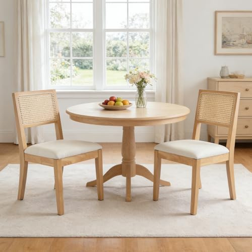 Orirsnug Esszimmerstuhle 2er Set Retro Holz Küchenstuhl, Küchenstuhl aus Leinen Gepolstert Wohnzimmerstuhl Mit Rückenlehne für Esszimmer, Küche, Wohnzimme, Beige