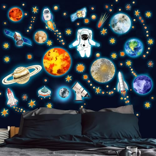 3 Blatt Wandsticker Leuchtaufkleber 9 Planeten, Leuchtsterne Astronaut Planet Wandaufkleber Fluoreszierend Sonnensystem Sterne Wandtattoo Dekorative Leuchtend Aufkleber Leuchtsticker