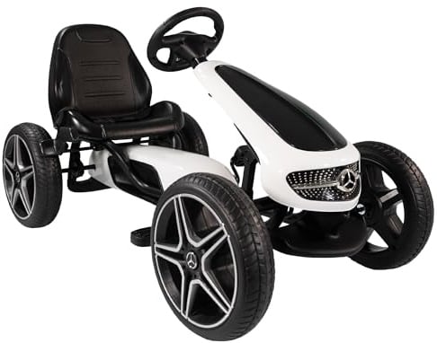 Lemodo Go Kart Tretfahrzeug weiß – Kinderfahrzeug mit Handbremse verstellbarem Sitz, Mercedes Tretauto für Kinder von 3-8 Jahre, GoKart Pedalfahrzeug, Outdoor-Fahrzeug mit Pedalantrieb Soundlenkrad