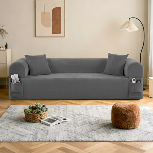 BMMB Modernes Dreisitzer-Sofa (83 Zoll), rahmenloses Cord-Wohnzimmersofa mit 2 Kissen und 2 Poufs, Keine Montage erforderlich, geeignet für Wohn- oder Schlafzimmer (Grau)