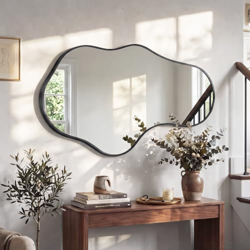 Fahomiss Irregular Wavy Framed Wall Mirror, Abstract Shatter-Proof Aluminum Alloy Decorative Mirrors for Bathroom, Bedroom, Cloakroom
