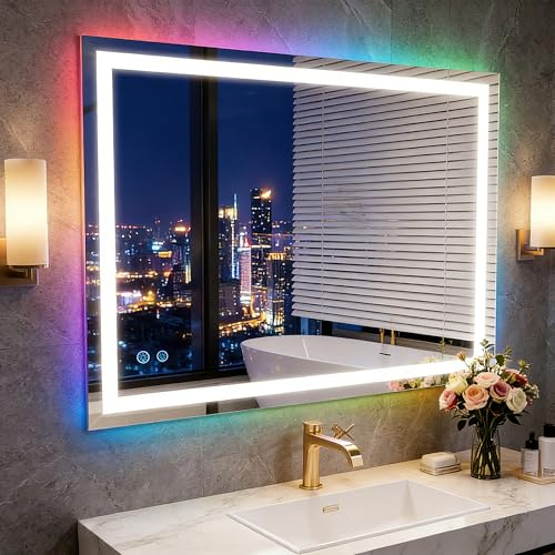 GXSDYYDS Badspiegel mit Beleuchtung RGB 100x75 cm, LED Spiegel Bad mit 7Lichtfarben & 14 Bunt Beleuchtungsmodi Dimmba, Touch-Schalter, badezimmerspiegel mit Antibeschlag, IP66, HD-Hartglas