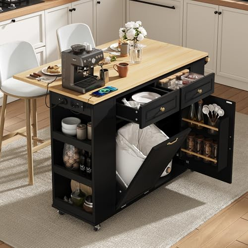 Yihomfy Îlot de Cuisine Blanc avec Table Extensible-Intègre Poubelle, Porte-Serviettes-Meuble Multifonction pour Cuisine et Salle à Manger, Économique d'Espace (Noir, 120x40x91.5 cm)