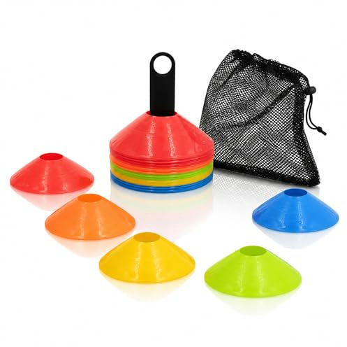 Markierungshütchen Set 50 Stück (Ø 19 cm) – Fußball Hütchen Set in 5 Farben inkl. Netz – Trainingshütchen für Fußball Training, Sport, Koordination & Agility – robuste Pylonen für Kinder & Erwachsene