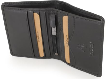 VISCONTI - Small Genuine Leather Bifold RFID Wallet - Arrow 705 Black | Men's RFID Protected Slim Wallet, 6 Credit-Card Slots, Notes Section, Coin Pocket, Gift Boxed, Leather Anniversary Present