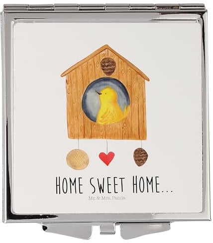 Mr. & Mrs. Panda Handtaschenspiegel quadratisch Vogelhaus Home - Geschenk, Tiere, silber, Schminkspiegel, lustige Sprüche, Gute Laune, schminken,