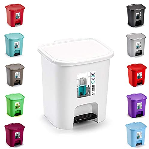 PLASTIFIC 7.5L Foot Pedal Bin Dustbin Rubbish Paper Waste Kitchen Office Plastic Bins Small Pedal Bins for Kitchen Pedal Bins with Lids (White, 7.5L)