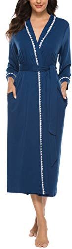 Vlazom Womens Dressing Gown Soft Kimono Robe V-Neck Long Knit Bathrobe Nightwear Sleepwear for All Seasons, Dark Blue, XXL