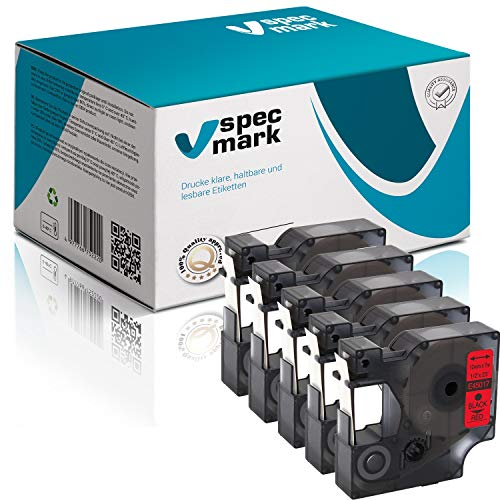 specmark Passend für DYMO D1 45017 S0720520 – Schriftband 12mm x 7m, Schwarz auf Rot, 5er Pack – Für LabelManager, LabelPoint, LabelWriter DUO