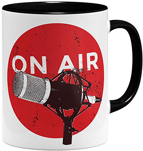 OM3® ON-AIR Microphone Kaffee-Tasse für Streamer Podcast | Keramik Becher | 11oz 325ml | Beidseitig Bedruckt | Schwarz