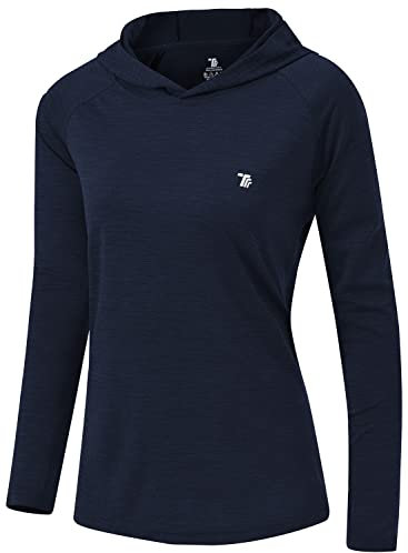donhobo Women's Long Sleeve Sports Running Hoodie Tops Shirts with Thumb Hole,UPF 50+ Sun Protect Breathable Quick-Dry Fitness T-Shirt Tops for Workout Gym Training Yoga Pilates NavyBlue L