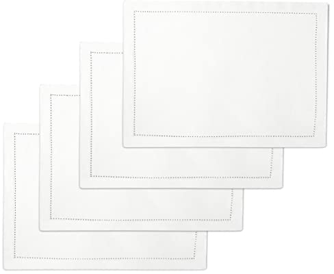 Encasa XO Set di Tovagliette da Tavola in Set di 4 | Puro Cotone con Design Orlato | Bianco | Dimensione Rettangolare 48x32 cm - Tovaglietta da Tavola | Lavabili in Lavatrice