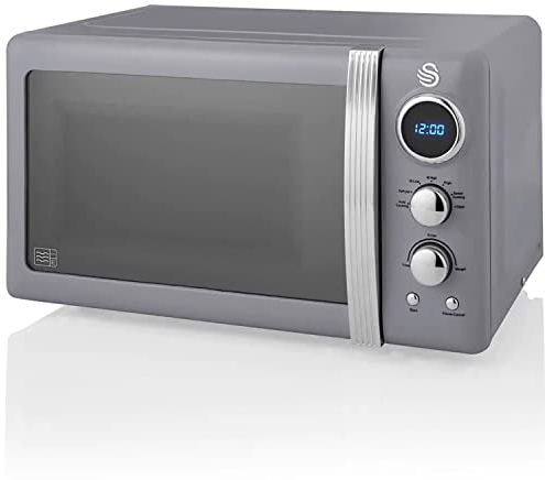 Swan Retro SM22030GRNEU Microonde Digitale 20L, 5 Livelli di Potenza, Funzione di Scongelamento, Timer 60 Minuti, Porta Effetto Specchio, Piatto Girevole 27 cm, Design Vintage, Grigio, 800W