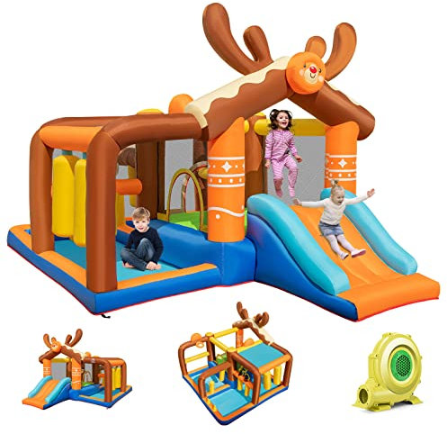 GOPLUS Château Gonflable XXL pour 4 Enfants 3-10 Ans Forme Wapiti Renne Noel Aire de Jeux Gonflable avec Trampoline, Toboggan et 2 Piscine Jeu de Boxe,Basket, Charge120kg(Renne avec Souffleur 450W)