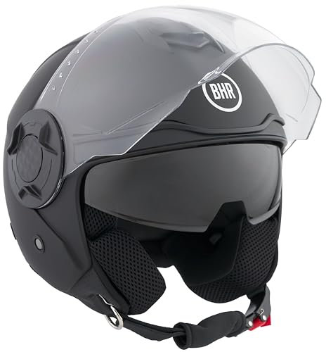 BHR Casco Jet Doppia Visiera 830 FLASH, Casco Scooter Omologato ECE 22.06, Casco Moto Jet Leggero & Confortevole con Visiera Interna Parasole, Nero Opaco, S