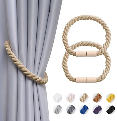 Pretty Jolly 2 Stück Magnetische Vorhang Raffhalter aus Holz, Boho Heimdekoration, drapierte Raffhalter, handgefertigt, Baumwollseil, Vorhanghalter für Zuhause und Büro, Fenstervorhänge (Dunkelbeige)