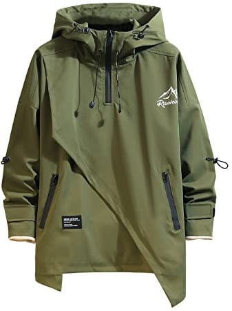GURUNVANI Anorak Veste coupe-vent à capuche pour homme | Ourlet long asymétrique, demi-fermeture éclair, poches latérales zippées, couche extérieure résistante au vent, style urbain