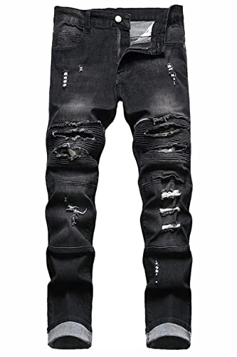 Baylvn Jeans da uomo dritti slim fit patchwork comfort skinny biker denim pantaloni, nero, 48
