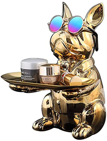 NUACOS Französische Bulldogge-Statue, Kunstharz, Bulldogge-Skulptur, Ablage, Statue, Münze, Sparschwein, Süßigkeitenschale für das Büro, Multifunktions-Büro, Zuhause, Tischdekoration,Gold