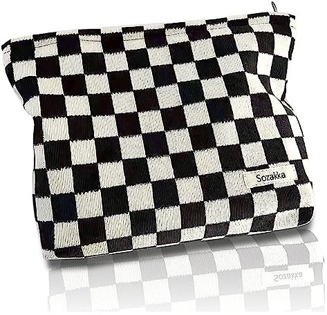 Kosmetiktasche Kulturtasche Damen Schminktasche Groß für Handtasche KosmetiktäSchchen 25cmX18cm Tragbar Reise Multifunktions Make Up Tasche Geschenke Kariert Multifunktionaler Waschtasche Tragbare