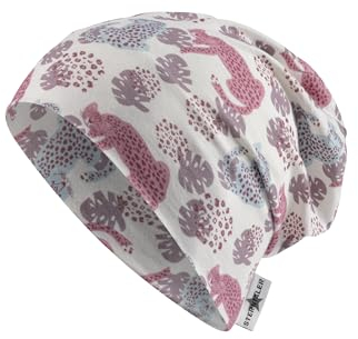 Sterntaler Beanie Leopard - Kindermütze aus Flammgarnjersey für Mädchen mit UV Schutz 50+ - Leichte Mütze mit Leoparden -Aufdruck schützt den Kopf an heißen Tagen vor der Sonne - ecru, 55