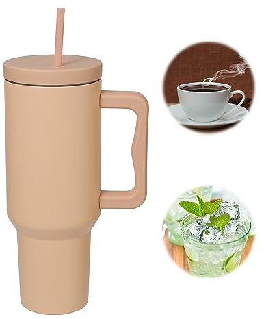 SNONRDO Gobelet isotherme de 1200 ml avec paille et poignée, Tasse isotherme de voyage en acier inoxydable 304, tasse à café, tient au chaud pendant 12 heures et glace pendant 24 heures (Brun)