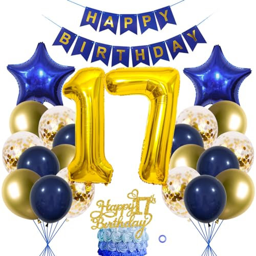 SNOWZAN 17 Geburtstag Deko Junge Mädchen Ballon Deko 17. Geburtstagsdeko Junge Marinebla Gold Geburtstag Tortendeko 17. Geburtstag Deko Luftballon 17.geburtstag Happy Birthday Banner Für Party