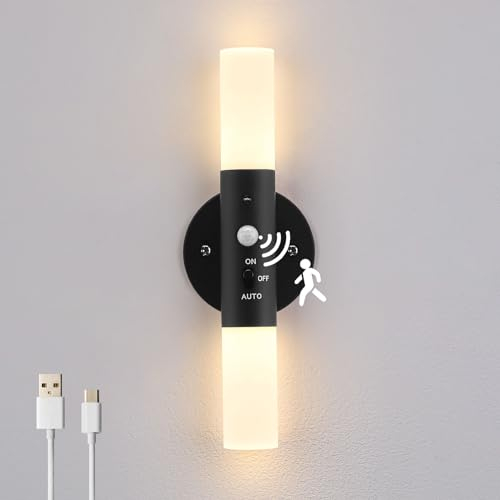Lampop Wandleuchte Bewegungsmelder Induktion Wandlampe Akku Wandleuchte ohne Stromanschluss Kabellos Innen Wandleuchte mit Bewegungsmelder für Schlafzimmer Flur Treppenhaus Warmweiß Schwarz
