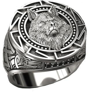MAGIIE Herren Ringe aus Edelstahl, Viking Wikinger Wolfskopf Siegelring, Silber, Größe 60-70