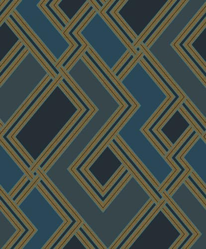 Grandeco Non-Woven Wallpaper Geometric Stripes Art Deco Blue Gold Metallic 177502
