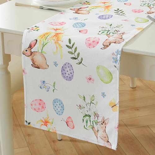 meioro Ostern Kaninchen Eier Tischläufer, 30x120cm Frühlingsferien Tischwäsche, Mode Blume Hase Tischdecke, Osterei Tischdeko für Drinnen und Draußen Küche Esszimmer Hausparty Tisch Dekoration Stil-C