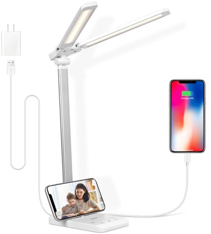 Semlos LED Desk Lamp, Eye-Caring Table Lamps, 5 Lighting Modes & 5 Brightness Levels, Dual-Head, Touch Control, Dimmable Desk Light for Home Office, White, Includes Charger