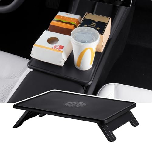 BASENOR Upgrade Tesla Model Y Model 3 Center Console Table Tray Anti-Slip Foldable Car Food Eating Laptop Desk for Road Trips 2024 2025 Model 3 Highland 2025 2026 Model Y Refresh Interior Accessories