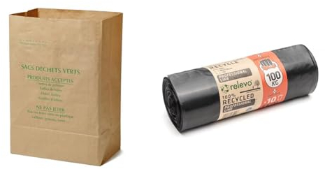 La Cordeline CJN29 Lot 10 Sacs à Déchets Verts Papier Kraft 125L Naturel & Sacs Poubelles Résistants Relevo, Sacs Poubelles Durables avec Résistance jusqu’à 100 kg