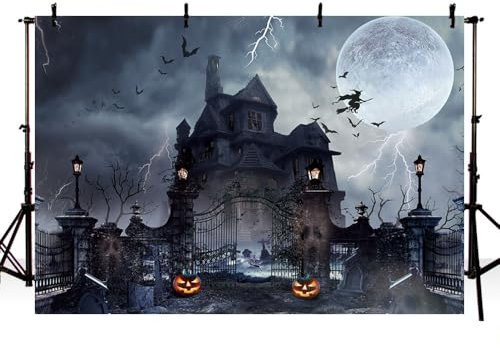 MEHOFOND Halloween-Fotografie-Hintergrund, Friedhof, Eisentor, Horrorschloss, trostlos, nebliger Hintergrund, Partyzubehör, dunkle Lampen, Horrorbäume, Wanddekoration, Fotogalerie, Requisiten, 2,1 x