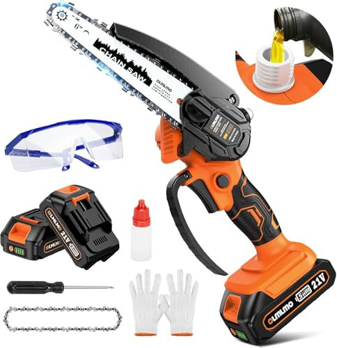 Olmlmo Mini Chainsaw 6 Inch, Cordless Chainsaw with 2 * 2000mAh Battery, Electric Chain Saw with Oil Pot & Security Lock Handheld Pruning Saw for Garden, Tree Branches, and Household