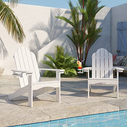 LUE BONA Adirondack Stuh 2er Set,Wetterfester Adirondack Chair aus Kunststoff,mit Becherhalter,Moderner Kunststoffstuhl für Terrasse,Garten,89 x 76 x 92cm,Tragfähigkeit 180kg,Weiß