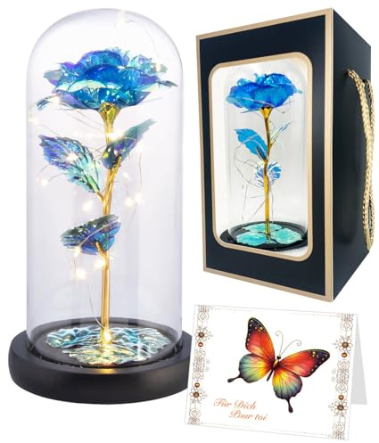 Lunartec LED Licht Rose: Ewige Rose unter Glas, RGB-LED, kristall-blau, 21,5 cm, Geschenktasche (Romantisches Geschenk, Goldene, Gold)