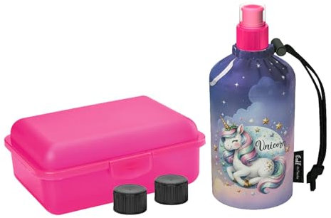 Emil Trinkflasche aus Glas inkl. Brotbox & Ersatzverschlüsse – Starterset zur Einschulung - BPA-frei & schadstofffrei, isolierend – Ziehverschluss für Wasser, Saft & Milch – Unicorn (0,3l)