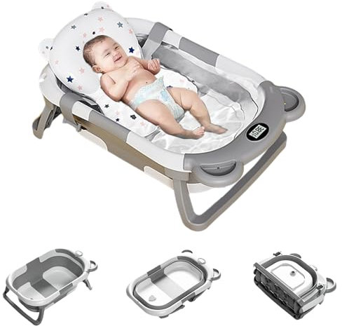 Balakaka Bañera Plegable Bebé de 0-15 Meses, Oso bañera portatil con Termómetro/Alfombra de Baño, Bañera de Bebe para Niños con Patas Antideslizante, Elegant Grau