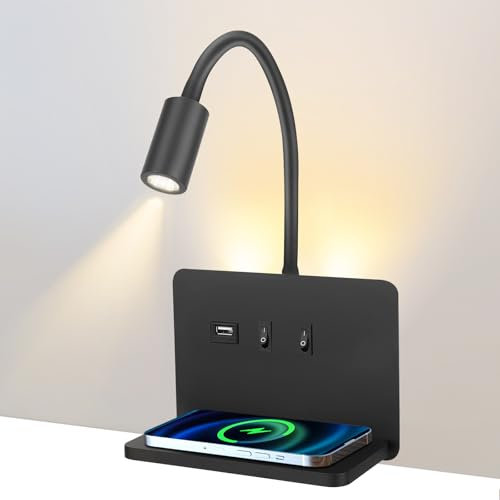 Leselampe Wandmontage mit Wireless Charger, 9W+3W Leselampe Bett mit Schalter und USB Aufladung, LED Wandleuchte Bett Leselicht 360° Schwanenhals Lampe mit Stecker und Kabel für Schlafzimmer (01)