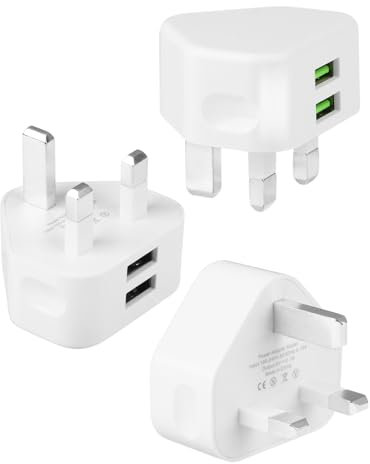 Pack of 3 Dual Port USB Plug UK USB Wall Charger 5V/2.1A/10.5W Plug Adaptor UK Compact Phone Charge Mains Charger Smart IC Charging Technology for iPhone 16 15 14 13 12 11 XR X Android Phones Pro Max