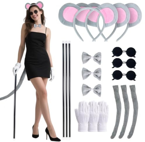3 Set Mice Costume Accessories, Plush Mouse Ears & Tail Blind Cane Sunglasses Bow Tie Gloves for Women Family Halloween Party